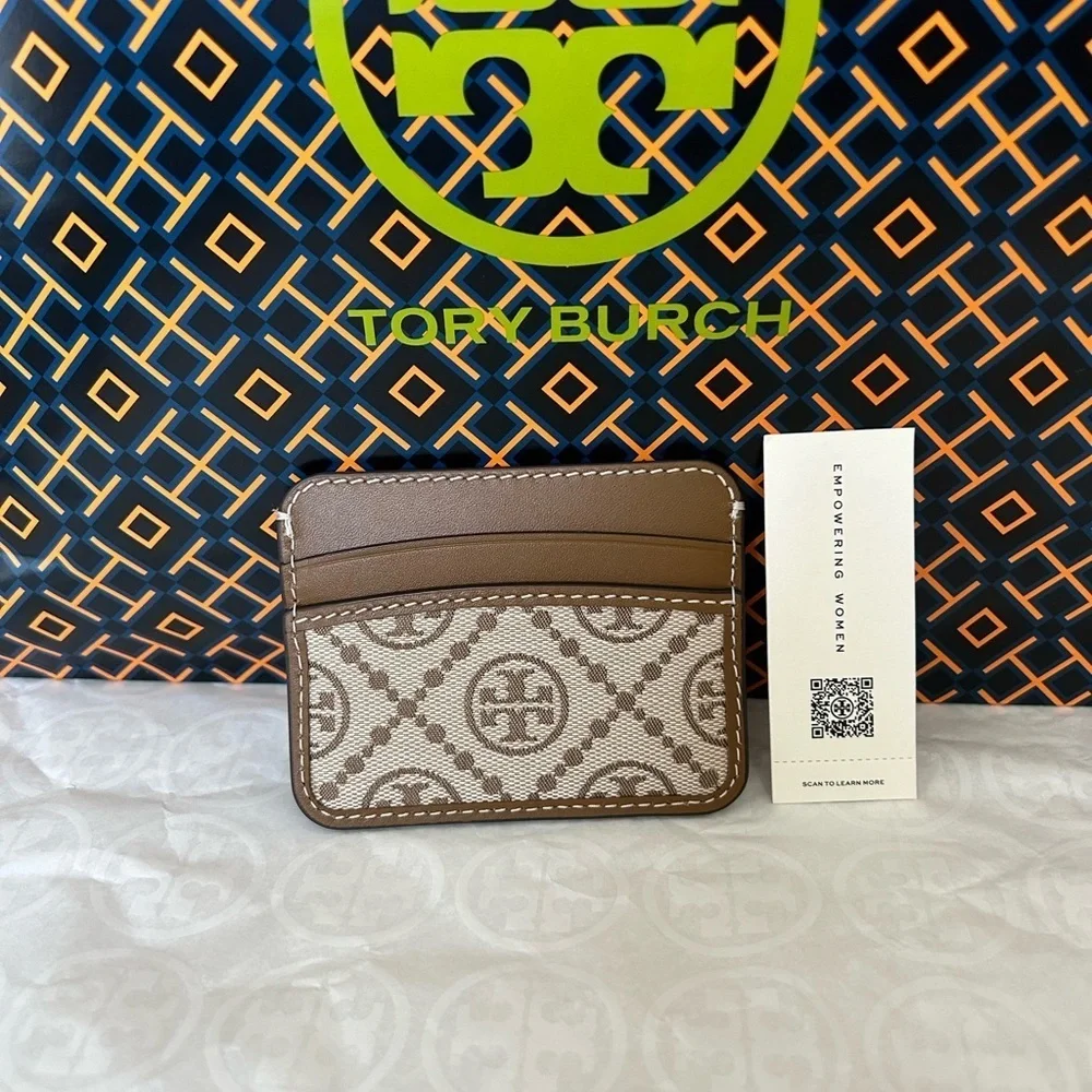 Tory Burch T Monogram Jacquard Card Case Hazelnut Gold Tan Brown